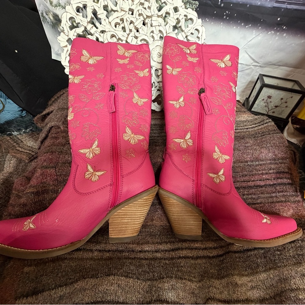 Dingo Retro Hot Pink Knee High Embroidered Leather Boots, Unreleased NWT Size 7 - Picture 7 of 12